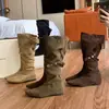 Botas Altas Cómodas para Mujer Bajas Otoño Invierno Botas Largas Punta Cuadrada Tacón Plisado Versátil Botas de Jinete Retro Apiladas 2026 Botas Botas