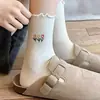 Meias até a Panturrilha para Mulheres, Outono e Inverno, Algodão Puro, Bordado Fofo de Morango, Meias Brancas Largas, Meias Longas Sem Costura de Renda Estilo Ins