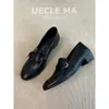 Versão em couro~Mocassins retrô de salto grosso para mulheres, novo estilo 2026, elegantes e versáteis para o trabalho, sapatos de couro slip-on