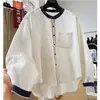 Nova moda outono estilo coreano super estilosa camisa de manga comprida listrada gola redonda color block com um toque chique e único de alta qualidade