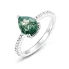 Amazon Transfronterizo Nuevo Producto Anillo de Ágata de Hierba Acuática Natural Forma de Gota de Agua Anillo con Incrustaciones de Piedra de Musgo Verde Plata S925 Estilo Simple