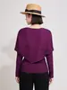 Blusa estilo Miyake com manga morcego, design para primavera e outono, cor sólida, camiseta com cintura fina, manga longa, versátil e moderna, roupas femininas
