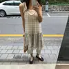 Vestido Novo Vintage com Alça de Renda e Xadrez de Dongdaemun, Coreia do Sul