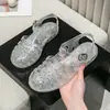 Sandálias Romanas de Cristal Coreanas, Tamancos, Sapatilhas para Primavera e Verão, Sandálias Vazadas, Sapatos Romanos de Gelatina, Sandálias com Biqueira para Mulheres