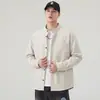 Camisa retro americana de cuello mao de manga larga para hombre, casual de primavera, corte holgado, azul marino, chaqueta camisa para hombre, top al por mayor