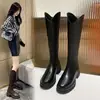 Botas largas para mujer para primavera y otoño, talla petite, punta redonda, estilo retro, botas altas de equitación, suela gruesa, abertura en forma de V, tacón grueso, botas adelgazantes