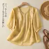 Camisa Bordada de Algodón y Lino Artística y Elegante para Mujer Verano 2026, Top de Manga Corta de Nuevo Estilo Chino de Moda para Té para Mujeres