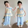 Conjunto para Meninas Roupas de Verão Infantis 2026 Novo Conjunto Elegante de Duas Peças com Alça Fina Estilo Coreano para Bebê Menina Calças de Perna Larga Tendência