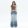 Jeans Americanos de Perna Larga para Mulheres 2025 Primavera e Verão Novo Estilo Azul Lavado Retrô Cintura Baixa Soltos Retos Calças Compridas até o Chão