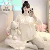 Pijama feminino plus size para primavera e outono com bojo, acabamento em algodão nuvem, mangas compridas, estilo doce de princesa, conjunto de roupa de casa tamanho grande