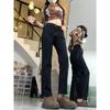 Jeans Rectos Talla Grande para Mujer 2024 Otoño Nuevos Explosivos Negro chica rellenita Cintura Alta Pantalones Tubo Pequeños de Nueve Puntos