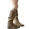 Botas Largas de Caña Alta para Mujer Estilo Otoño Retro Nuevo, Tacón Grueso, Plisadas Apiladas, Botas de Jinete