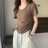 A008 # [Doble Rectificado 180g] Camiseta de Manga Corta con Cuello Redondo Nicho para Mujer Verano Nuevo Cordón Corto Sexy Top de Moda