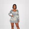 Exportação Transfronteiriça Roupas Femininas Moda Europeia e Americana Estiloso Estampa de Retrato Slim Fit Cintura Baixa Vestido Longo de Manga Longa Justo