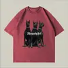Algodão pesado de 190g marca de moda vermelho rosa três cães pretos camiseta de manga curta design masculino e feminino senso de design nicho top de casal