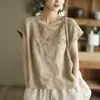 Camiseta de Algodón y Lino Vintage con Bordado Pesado de Cuello Redondo para Mujer, Nuevo Modelo Verano 2026, Suéter Delgado Elegante Versátil para Mujer