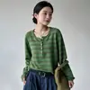 Suéter de punto a rayas para mujer, cuello redondo simple, medio abotonado, manga larga, corte holgado, fino, adecuado para primavera y otoño, uso casual, y se puede usar como capa exterior o como capa base