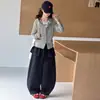 Conjunto Otoñal para Niñas Medianas y Grandes Ropa Nueva para Niños Niñas Top Rayado Falso Dos Piezas Pantalones P-Plisados Conjunto de Dos Piezas Moderno