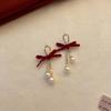 Pendientes de aguja de plata color vino tinto con incrustaciones de diamantes, encantador lazo, pendientes personalizados de nicho, pendientes retro de lujo ligero de alta calidad para mujer