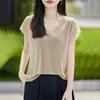 Primavera/Verano 2026 Nuevo Lino Perlado Cuello en V Borde Enrollado Tejido Manga Corta Camiseta Base Color Sólido para Mujer
