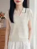 Blusa Feminina Tencel Linho Vazada de Manga Curta, Fresca e Respirável, Textura Fina, Caimento Solto, Valoriza a Silhueta, Adequada para o Trabalho e Férias, Malha Delicada