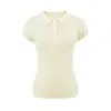 Camiseta de punto con cuello polo abotonado de canalé y manga corta, Nuevo estilo de verano, Elegante y versátil, Corte ajustado, Top básico favorecedor