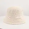 Chapéu de balde de tricô de alpaca com trama vazada estilo coreano, com um laço doce, trama simples, respirável, afina o rosto e quente