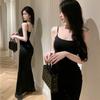 Vestido de Suspensório Estilo Pura Luxúria para Mulheres Transfronteiriço Verão Sexy Cintura Plissada Emagrecimento Longo Justo Justo ao Quadril Saia Rabo de Peixe