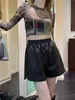 Talla Extra MM Gordita Pantalones Cortos de Cuero para Mujer Otoño Nuevo Cintura Alta Versátiles de Cuero PU Línea A Pierna Ancha Adelgazantes Casuales Pantalones Cortos