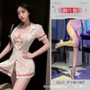 Puro Deseo Lencería Erótica Uniforme Sexy Cosplay Enfermera Transparente Ver a Través Escote Profundo en V Ribete de Encaje Vestido de Enfermera Camisón