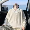 Moletom masculino falso de duas peças com gola, textura outonal solta, caimento oversized, estilo old money, blusa plus size