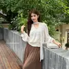 LS Camisa Elegante Doce Francesa Gola V Cor Sólida Guangzhou Shisanhang 2026 Chegada Nova do Início do Outono Top Feminino 23635#