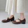 Couro macio Vintage Ballet Square Toe Mary Jane Shoes 2024 Outono Grosso Salto Baixo Dedo Redondo Sapatos de Couro Genuíno Strap Mulheres