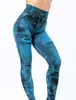Punto Corsé Falso Agujero Europeo y Americano Leggings Imitación Mezclilla para Mujer Pantalones de Yoga de Nueve Puntos de Cintura Alta Jacquard para Mujer
