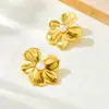 Pendientes de perlas texturizadas con lazo floral transfronterizos europeos y americanos para mujer, lujo ligero, estilo metálico de alta gama, pendientes de moda y únicos