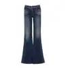 YECHUAN # Jeans acampanados de tiro bajo para mujer, estilo retro americano de otoño, corte ajustado, pantalones de campana azul oscuro para chicas petites y sexys