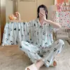 Comercio Transfronterizo Japonés y Coreano Conjunto de Tres Piezas de Algodón Nublado Primavera y Verano Pijama con Solapa para Mujer Dibujos Animados Dulce Ropa para el Hogar