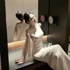 Toma Real de Ropa de Mujer de Exportación, Tirante Asimétrico Cruzado al Hombro, Vestido Sexy de Hombros Descubiertos Ajustado a la Cadera, Falda Larga