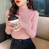 Blusa de Malha com Gola Meia-Alta Rosqueada para Mulheres, Top Básico Slim-Fit, Suéter Branco para Primavera Outono
