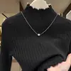 Blusa Base Feminina Gola Meia-Alta Suéter Base Gola Média Roupa de Inverno Redutora de Idade Bonita Elegante Tricô Canelado
