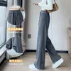Pantalones de pierna ancha de mezcla de algodón europeo, nueva colección primavera/otoño para mujer, corte ajustado, pana gris, cintura alta, fluidos, estilo deportivo y casual