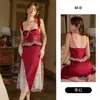 Camisola Sexy Estilo Rosa com Renda de Cetim, Bojos, Recorte em Renda, Design Longo que Marca a Cintura, Roupa de Dormir Feminina, Roupa para Casa 3386