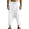Calças Jogger Harem de Linho Outono Europeu e Americano Masculinas Largas com Cordão Perna Larga Casuais para Férias na Praia