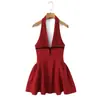 8176-26 Primavera Estilo Francês Sexy de Alta Qualidade Estilo Senhora Madura Veludo Poá Slim Fit Cintura Marcada Vestido Halter Vestido de Férias