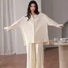 Conjunto de pijama e roupa de casa feminina de duas peças, com mangas compridas e calças compridas, em algodão puro, dupla face, costela 40 fios, 200 gramas, em estoque, pode ser usado fora de casa