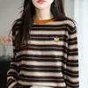 Cárdigan de punto de alta gama, moderno y versátil, para mujer, modelo 2026, con cuello redondo, mangas largas, rayas de bloqueo de color y bordado de calabaza