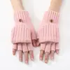 Luvas de Tricô Listradas Grossas com Tampa Flip para Outono e Inverno Feminino, Modernas e Versáteis, Luvas sem Dedos Quentes e Resistentes ao Frio