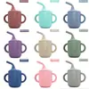 Taza de Aprendizaje para Bebé de Silicona Transfronteriza con Doble Asa, Taza con Popote, Anticaídas, Popote de Codo Antideslizante, Vaso de Agua de Silicona de Grado Alimenticio