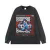 Camiseta lavada com efeito desgastado, manga curta, com estampa de anime japonês de corrida, corte solto, manga curta, gola redonda, manga longa, em estoque