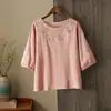 Top Camisa de Ramio con Bordado Pesado de Manga Tres Cuartos para Mujer, Verano Holgado Adelgazante Algodón-Lino Cuello Redondo Pulóver Blusa